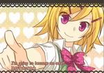  artist_request bow_tie heart index_finger japanese kagamine_rin looking_at_viewer lyrics pattern pointing purple_eyes ribbon school_uniform short_sleeves smile source_request subtitle tamura_hiro vest video vocaloid 