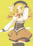  bad_id bad_pixiv_id blonde_hair blush breasts brown_dress dress drill_hair fingerless_gloves gloves hat large_breasts magical_girl mahou_shoujo_madoka_magica noe_yuuhi skirt smile solo thighhighs tomoe_mami twin_drills twintails yellow_background yellow_eyes 