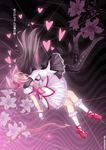  akemi_homura argyle argyle_legwear arrow bad_id bad_pixiv_id black_hair black_legwear bow_(weapon) bubble_skirt caidychen falling flower gloves hair_over_eyes heart highres hug kaname_madoka kneehighs lily_(flower) long_hair magical_girl mahou_shoujo_madoka_magica multiple_girls pantyhose pink_hair shoes skirt translated weapon white_gloves white_legwear yuri 