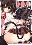  animal_ears bad_id bad_pixiv_id black_legwear blush brown_hair cat_ears cat_tail hat kemonomimi_mode looking_at_viewer ooji_cha shameimaru_aya short_hair solo tail thighhighs tokin_hat touhou wings 