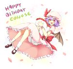  bat_wings bloomers bouquet bow fangs flower happy_birthday hat mary_janes purple_hair red_eyes remilia_scarlet ribbon shoes solo touhou tsuchifumazu underwear wings 