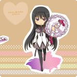  akemi_homura bad_id bad_pixiv_id black_hair bullet_hole carrying carrying_over_shoulder hairband heart kaname_madoka kyubey long_hair magical_girl mahou_shoujo_madoka_magica multiple_girls nekoyanagi_moyo pantyhose purple_eyes 