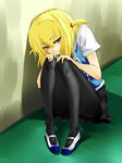  blonde_hair blush d-frag! female full_body pantyhose school_uniform shibasaki_roka shoes sitting solo yellow_eyes 