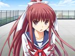  1girl blush character_request digital_lover game_cg long_hair nakajima_yuka outdoors ponytail school_uniform schoolcaptain sky solo 
