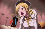  1girl blonde_hair breasts butcha-u charlotte_(madoka_magica) drill_hair drooling fellatio hat hetero irony large_breasts lowres mahou_shoujo_madoka_magica mami_mogu_mogu open_mouth oral parody penis role_reversal saliva sexually_suggestive spoilers tomoe_mami tongue tongue_out twin_drills twintails uvula yellow_eyes 