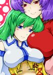  absurdres anger_vein blonde_hair blue_eyes blue_hair breast_envy breast_pillow breast_rest breasts breasts_on_head detached_sleeves green_hair highres kochiya_sanae large_breasts long_hair moriya_suwako multiple_girls red_eyes short_hair smile souki_lankni touhou yasaka_kanako yellow_eyes 