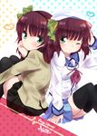  aguri_(aguri0406-aoi) alternate_costume angel_beats! back-to-back dual_persona green_eyes hairband highres multiple_girls one_eye_closed purple_hair school_uniform serafuku short_hair thighhighs yuri_(angel_beats!) 