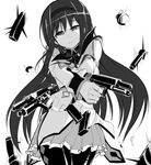  akemi_homura argyle argyle_legwear crossed_arms dress dual_wielding explosive grenade greyscale gun hairband handgun holding long_hair mahou_shoujo_madoka_magica monochrome pantyhose pistol potion_(moudamepo) skirt solo tears weapon x_arms 