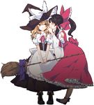  absurdres black_hair blonde_hair blush boots bow braid broom corset cross-laced_footwear detached_sleeves hair_bow hakurei_reimu hat highres kirisame_marisa lace-up_boots md5_mismatch multiple_girls short_hair simple_background touhou v_arms whispering white_background witch_hat yellow_eyes yonu_(yonurime) 