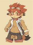  balls blush bracelet brown chest_tuft collar cub dwarf goggles hair jewelry kemono kota male open_shirt orange_eyes pants penis red_hair short_fur short_hair solo tail totomono vest 