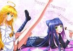  bad_id bad_pixiv_id blonde_hair blue_ribbon blush green_eyes hair_ribbon highres leg_up legs long_hair long_legs lying multicolored_hair multiple_girls open_mouth panties panty_&amp;_stocking_with_garterbelt panty_(psg) ribbon side-tie_panties stocking_(psg) swordsouls thighhighs two-tone_hair underwear 