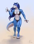  abs anthro biceps big_breasts bikini blue blue_fur blue_hair breasts canine clothed clothing female fur hair hopey long_hair mammal mistresssparkles muscles muscular_female skimpy solo standing swimsuit tail tight_clothing wolf 