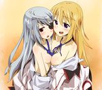  asymmetrical_docking bad_id bad_pixiv_id banned_artist bare_shoulders blonde_hair blush breast_press breasts charlotte_dunois eyepatch hatsumic infinite_stratos laura_bodewig long_hair medium_breasts multiple_girls necktie off_shoulder open_clothes open_mouth open_shirt purple_eyes red_eyes shirt silver_hair small_breasts yuri 