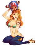  1girl bad_id bad_pixiv_id bikini_top denim fuite hat jeans long_hair nami_(one_piece) no_panties one_eye_closed one_piece orange_hair pants tattoo tony_tony_chopper 