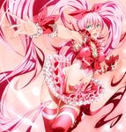  armpits bow breasts choker covered_nipples cure_melody frills houjou_hibiki magical_girl medium_breasts midriff niko_(tama) nipples pink_bow pink_hair precure pussy_peek red_choker solo suite_precure thighhighs twintails 