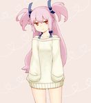  angel_beats! asababa_kure bad_id bad_pixiv_id bare_shoulders bottomless hair_ribbon halterneck hands_in_pockets long_hair long_sleeves naked_sweater pink_hair red_eyes ribbon sleeves_past_wrists smile solo sweater two_side_up yui_(angel_beats!) 
