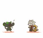  2boys blazblue cake cat cat_tail chibi cosplay eyepatch food jubei_(blazblue) lowres multiple_boys ragna_the_bloodedge short_hair silver_hair sueyoshi tail taokaka taokaka_(cosplay) yuuki_terumi 