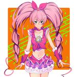  blue_eyes bow choker cure_melody hair_bow heart highres houjou_hibiki kani_get long_hair magical_girl midriff musical_note navel orange_background pink_bow pink_choker pink_hair precure skirt solo staff_(music) suite_precure twintails 