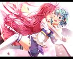  ao_ringo blue_hair closed_eyes glomp gloves hug letterboxed long_hair magical_girl mahou_shoujo_madoka_magica miki_sayaka multiple_girls one_eye_closed open_mouth red_eyes sakura_kyouko short_hair smile tears thighhighs 