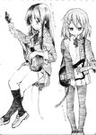  akiyama_mio bass_guitar blazer bolze greyscale guitar hair_ornament hairclip highres hirasawa_yui instrument jacket k-on! kneehighs long_hair monochrome multiple_girls off_shoulder pantyhose school_uniform short_hair sketch skirt 