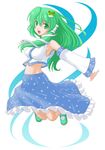  absurdres armpits breasts detached_sleeves frog green_eyes green_hair hair_ornament highres jumping kochiya_sanae long_hair medium_breasts midriff navel open_mouth outstretched_arms smile snake solo t2r touhou 