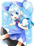  1girl :d alternate_hairstyle backpack bag blue_eyes blue_hair blush bow cirno dress hair_bow open_mouth randoseru ribbon simple_background smile solo touhou translated twintails uta_(kuroneko) wings 