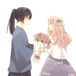  1girl black_hair blonde_hair blue_eyes bouquet couple dress flower hair_flower hair_ornament hair_ribbon hetero japanese_clothes kina_(milele) long_hair macross macross_frontier macross_frontier:_sayonara_no_tsubasa ponytail profile ribbon saotome_alto sheryl_nome simple_background yellow_eyes younger 