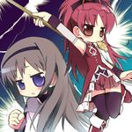  akemi_homura black_hair black_hairband blush boots bow chibi food hair_bow hairband kanibasami long_hair magical_girl mahou_shoujo_madoka_magica multiple_girls polearm ponytail purple_eyes red_eyes red_hair sakura_kyouko skirt taiyaki thighhighs wagashi weapon 