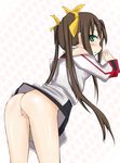  1girl ass bare_shoulders blush brown_hair fang_lin_yin green_eyes hair_ribbon huang_lingyin infinite_stratos long_hair no_panties pussy ribbon school_uniform solo twintails uncensored very_long_hair 