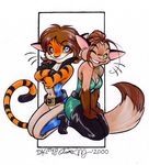  2000 aimee aimee_major belt blue_eyes brown_hair cat cleavage couple crossed_arms feline female green_eyes hair kneeling tiger wink 