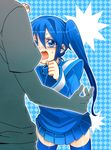  bad_id bad_pixiv_id blue blue_eyes blue_hair blue_legwear blush commentary faceless faceless_male haruno_(kanimeshi) imaichi_moenai_ko kobe_shinbun punching school_uniform serafuku skirt sweat tears thighhighs twintails zettai_ryouiki 