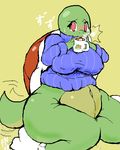  blush bottomless breasts chocolate chubby clothed clothing drink female half-dressed hot_chocolate humor looking_at_viewer overweight pantsuneko pun red_eyes reptile scalie socks solo steam turtle turtleneck 