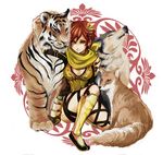  brown_eyes brown_hair female fox hair_ornament leotard lowres nene scarf sengoku_musou sengoku_musou_2 sengoku_musou_3 short_hair solo squat squatting tiger white_background wolf yzichi 