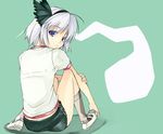  :&lt; alternate_costume bad_id bad_pixiv_id black_hairband blue_eyes blush bow bra buruma casual contemporary downpants face ghost gym_uniform hair_bow hairband hitodama konpaku_youmu konpaku_youmu_(ghost) kurokuro lingerie looking_back panties shoes short_hair silver_hair sitting solo touhou underwear uwabaki white_hair 