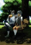  canine couple eating fhedge human male park pointy_ears summer wolf 