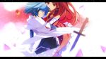  alternate_hairstyle blue_eyes blue_hair blurry cape depth_of_field detached_sleeves gloves hair_down hand_on_another's_face hinata_(hinata123) knife letterboxed long_hair magical_girl mahou_shoujo_madoka_magica miki_sayaka multiple_girls red_eyes red_hair sakura_kyouko short_hair soul_gem white_gloves 