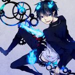  ao_no_exorcist blue_fire clockwork fang fire flaming_sword formal gears highres male_focus necktie okumura_rin pointy_ears striped striped_neckwear suit sword tail tail-tip_fire washi_(micino) weapon 