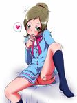  aria_gakuen_school_uniform blue_eyes blue_shirt blush brown_hair censored eyelashes gift half_updo heart minamino_kanade no_panties ponytail precure presenting pussy school_uniform shirt smile solo spoken_heart spread_pussy suite_precure tj-type1 valentine white_background 