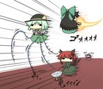  4girls animal_ears arm_cannon black_hair bow braid cat_ears cat_tail chibi dress firing flying green_bow green_hair hair_bow hat heart kaenbyou_rin komeiji_koishi komeiji_satori kurokoori long_hair long_legs multiple_girls multiple_tails nekomata pink_hair red_hair reiuji_utsuho running short_hair sun_hat tail third_eye touhou twin_braids weapon wheelbarrow wings 