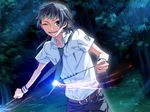  ;d artist_request belt black_hair buckle dutch_angle game_cg kinose_azusa looking_back male_focus one_eye_closed open_mouth outdoors pants shirt smile solo starry_sky_(game) white_shirt 