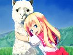  akai_ronii alpaca bad_id bad_pixiv_id blonde_hair blue_eyes hug llama long_hair original school_uniform serafuku smile solo 