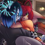  black_hair blue_eyes blue_hair brown cat clothed couple feline female green_eyes hair horns hug koneko male red_hair spazzykoneko white 