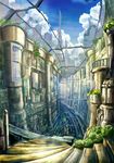  bad_pixiv_id building city cityscape cloud day k_kanehira no_humans original plant scenery science_fiction sign sky stairs 