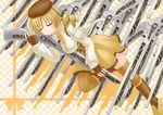  bad_id bad_pixiv_id beret between_breasts blonde_hair boots breasts closed_eyes drill_hair gun hair_ornament hat large_breasts magical_girl magical_musket mahou_shoujo_madoka_magica pleated_skirt puffy_sleeves rifle sen-asanagi skindentation skirt smile solo thighhighs tomoe_mami weapon 