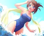  3rdmoon-s asahina_aoi blue_eyes breasts brown_hair danganronpa danganronpa_1 dark_skin dutch_angle hair_ornament hairclip highleg highleg_swimsuit medium_breasts one-piece_swimsuit open_mouth solo swimsuit water 