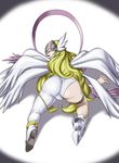  all_fours angel_wings angewomon artist_request ass asymmetrical_clothes blonde_hair cameltoe digimon digimon_adventure fat_mons from_behind head_wings helmet high_heels highres long_hair mismatched_footwear multiple_wings open_mouth ribbon shoes solo thick_thighs thigh_strap thighs very_long_hair visor wings 