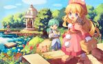  1girl animal animal_on_shoulder artist_request backpack bag basket boots brown_eyes cat cat_on_shoulder copyright_name dress gloves green_hair hat highres long_hair official_art orange_hair pants pink_dress pipiro_(zwei!!) pockle_(zwei!!) pom_pom_(clothes) ponytail purple_eyes shoes smile wallpaper zwei!! 