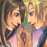  1boy 1girl asami_(pixiv1110406) black_hair blonde_hair cloud_strife couple earrings female final_fantasy final_fantasy_vii green_eyes hand_holding jewelry kudou_asami long_hair lowres male red_eyes smile tifa_lockhart 