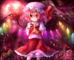  apple arm_behind_back ascot blonde_hair bloomers cross flandre_scarlet food fruit full_moon hat highres laevatein maho_moco moon moonlight red_eyes red_moon short_hair side_ponytail skirt solo touhou underwear wings wrist_cuffs 