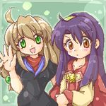  :d ahoge beatrice_(wild_arms) beatrice_(wild_arms)_(cosplay) black_hair blush brown_eyes brown_hair cape cosplay costume_switch dress frown green_background green_eyes hair_ornament hairband hairpin happy lilka_eleniak lilka_eleniak_(cosplay) long_hair lowres multiple_girls oekaki open_mouth sidelocks simple_background smile wild_arms wild_arms_2 wild_arms_3 yellow_hairband zipang_(zip@ng_works) 
